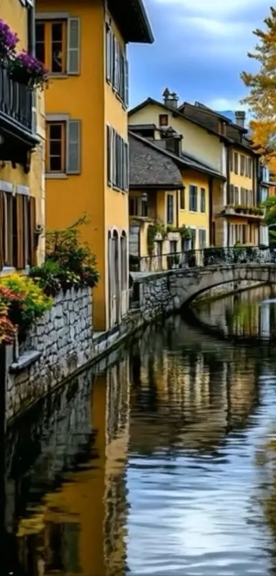 A charming canal townscape with colorful buildings and a stone bridge.