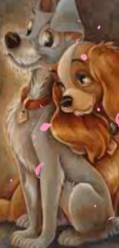 Disney dog couple art wallpaper for mobile, illustrating charming cartoon dogs.