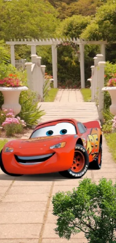 Vibrant garden scene featuring an animated red car on a path.