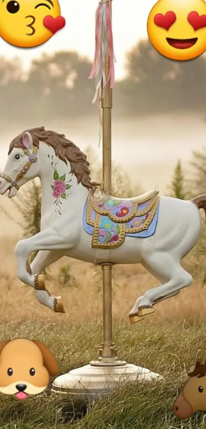 Whimsical carousel horse with emoji accents.