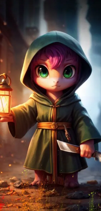 Adorable cartoon adventurer holding a lantern and knife in a mystical city setting.