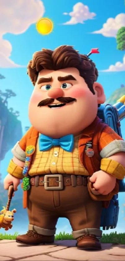 Cartoon adventurer in vibrant, whimsical landscape.