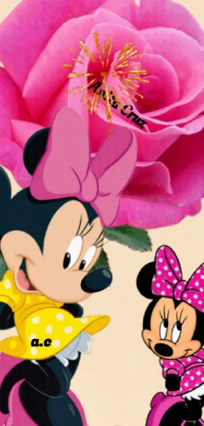 Cartoon characters with pink rose wallpaper.