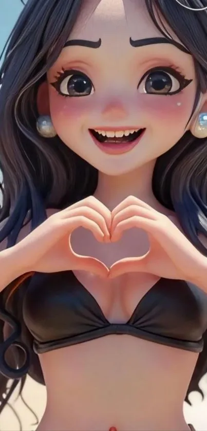 Cheerful cartoon character at the beach making a heart gesture.