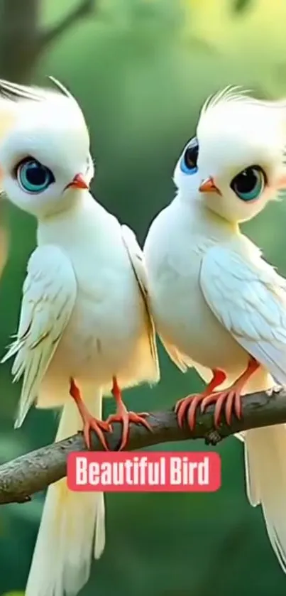 Two charming cartoon birds on a branch.