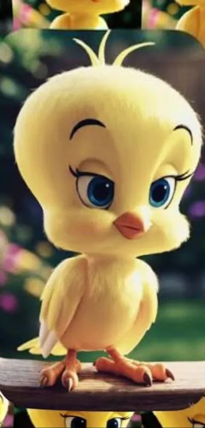 Adorable cartoon bird with big eyes on a mobile wallpaper.