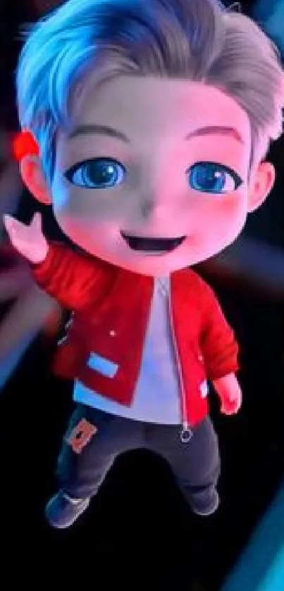 Charming cartoon boy in red jacket with blue eyes on a vibrant background.