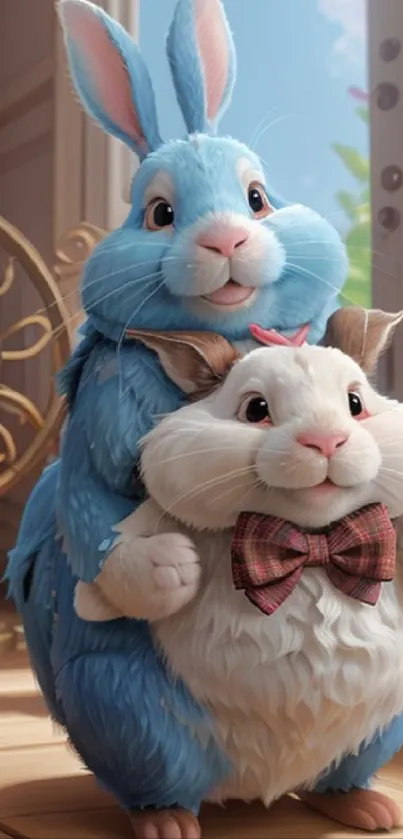 Two adorable cartoon bunnies in a charming pose.