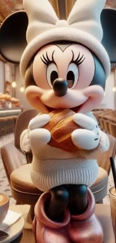 Charming cartoon café wallpaper with cute character and cozy ambiance.
