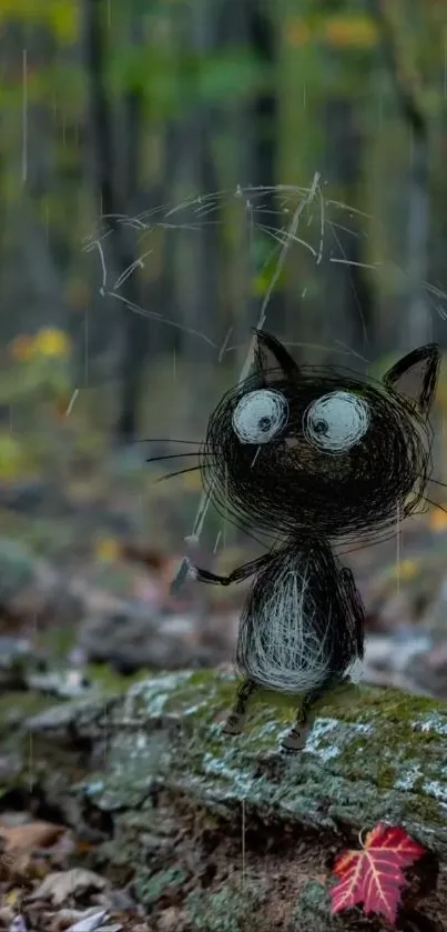 Cartoon cat sitting in a rainy forest scene.