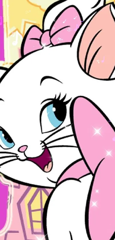 Charming cartoon cat with pink bow and ears.