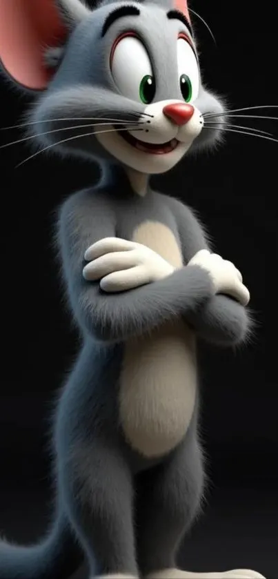 Cartoon cat with a playful smile standing on a dark background.