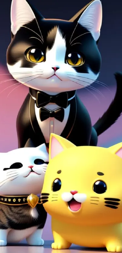 Adorable cartoon cats in a vibrant setting wallpaper.