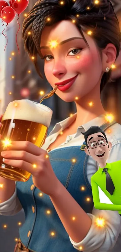 Festive cartoon character with drink and sparkling lights in an urban setting.