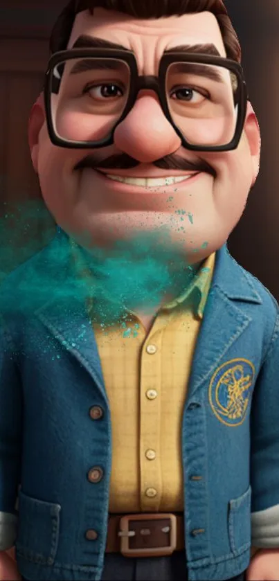 Cartoon character in blue jacket, smiling with a playful expression.