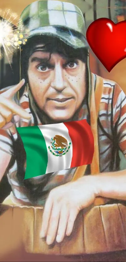 Mobile wallpaper with cartoon character, Mexican flag, and heart.