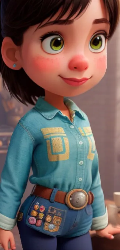 Charming cartoon character in light blue shirt, vibrant colors.