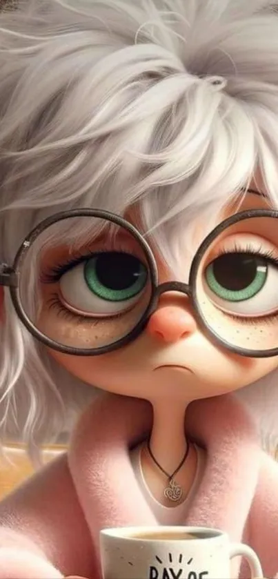 Cartoon character with glasses and white hair holding a cup.