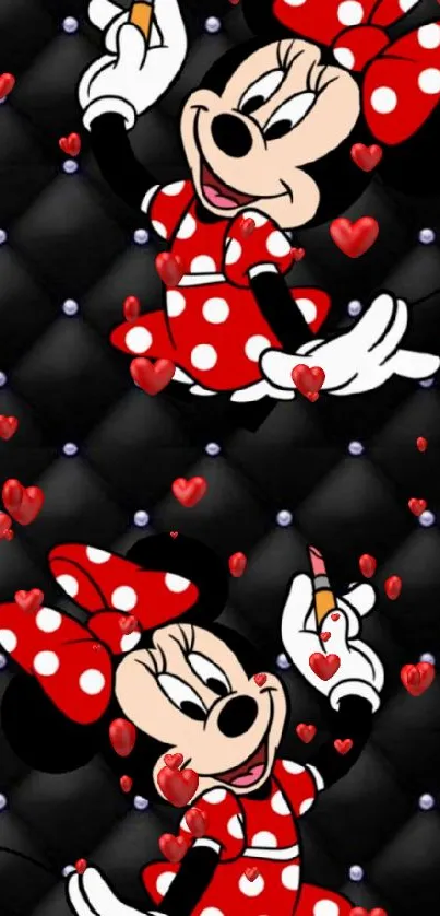 Cartoon character in red polka dot dress on black background.