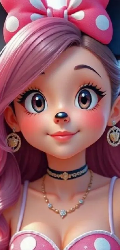 Cute cartoon character with pink hair and big eyes on a phone wallpaper.