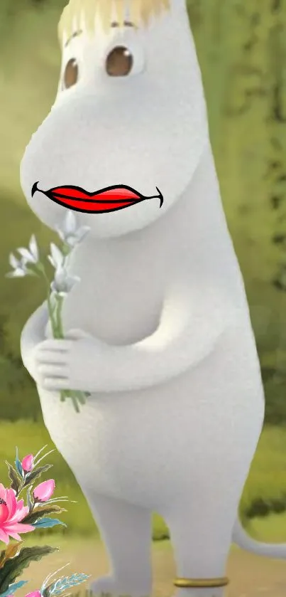 Cartoon character holding flowers with nature background on phone wallpaper.