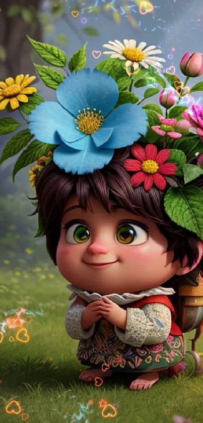 Whimsical cartoon child with a vibrant floral headdress in a lush green setting.