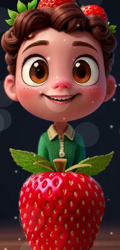 Cute cartoon character with strawberries on a vibrant wallpaper.