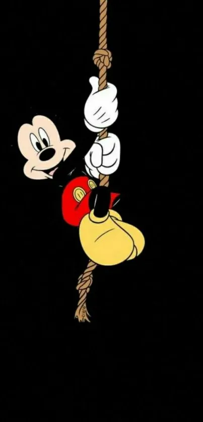 Famous cartoon character swinging on rope. Black background.