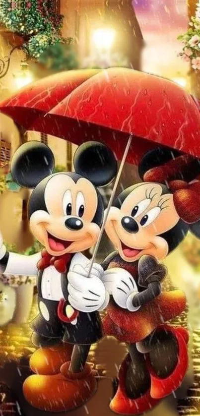 Cartoon couple under red umbrella in a rainy alleyway, walking happily.