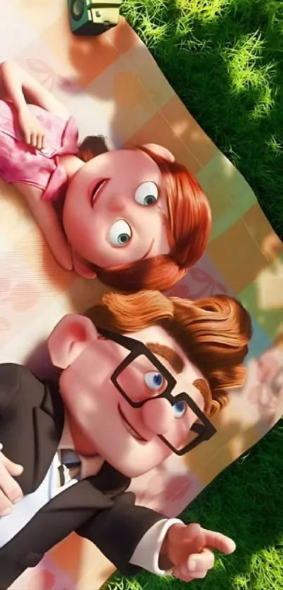 Animated couple lying on grass with smiles.