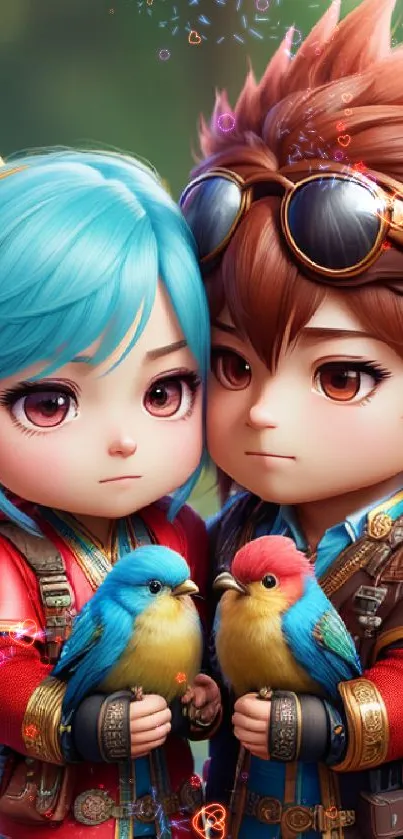 Cute cartoon couple holding colorful birds.