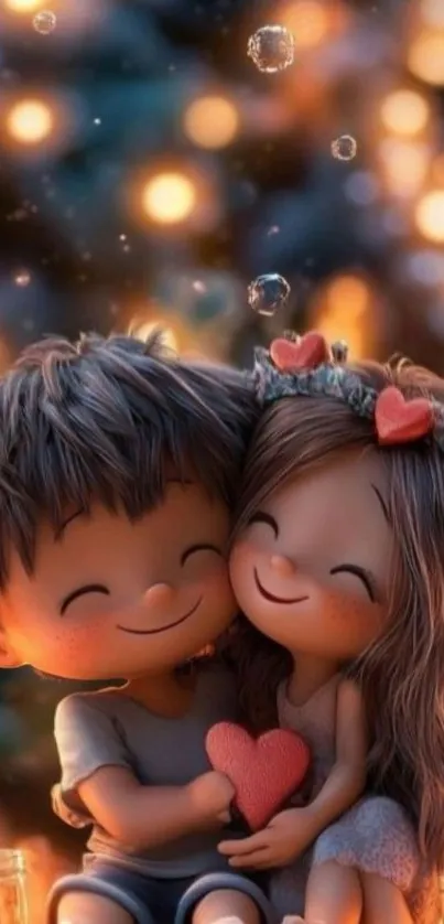 Adorable cartoon couple holding a heart, surrounded by warm lights.
