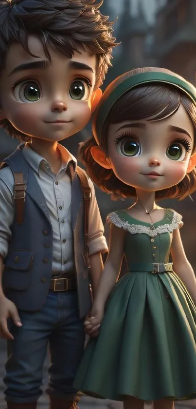 Cute cartoon couple with big eyes in a whimsical setting.