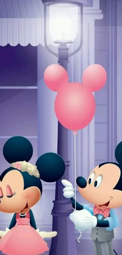 Charming cartoon couple with pink balloon on purple background.