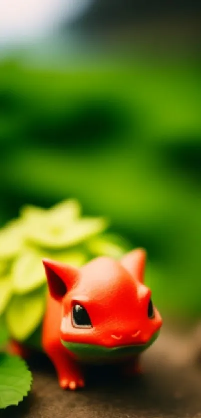 Red cartoon creature in lush green background.