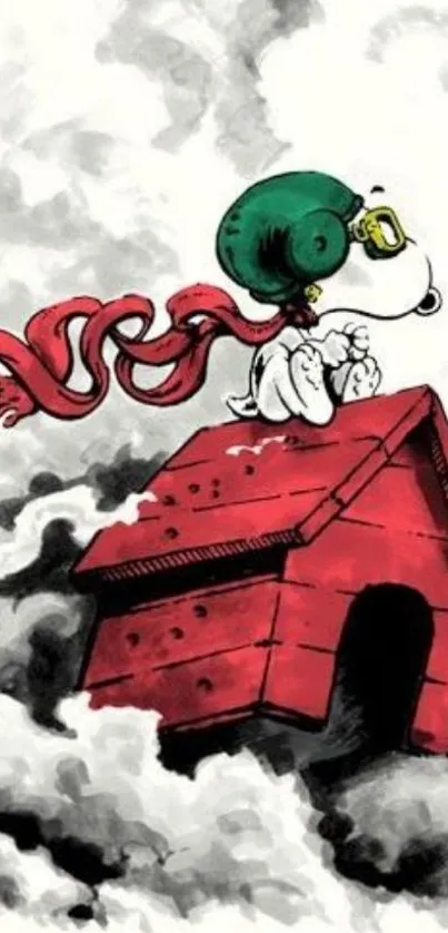 Cartoon dog on red doghouse in sky with clouds.