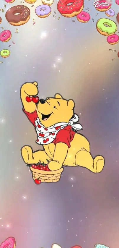 Charming bear with colorful floating donuts on a pastel background.