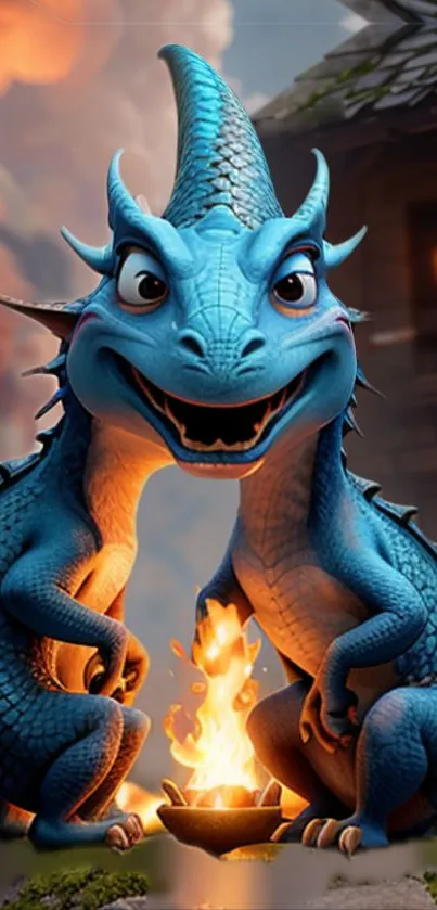 Playful cartoon blue dragon by a fire.