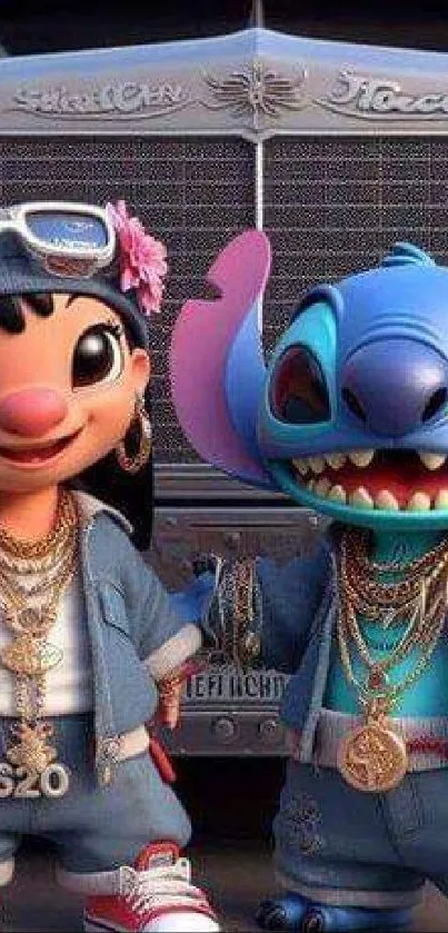 Cartoon duo in vibrant urban attire on a colorful mobile wallpaper.