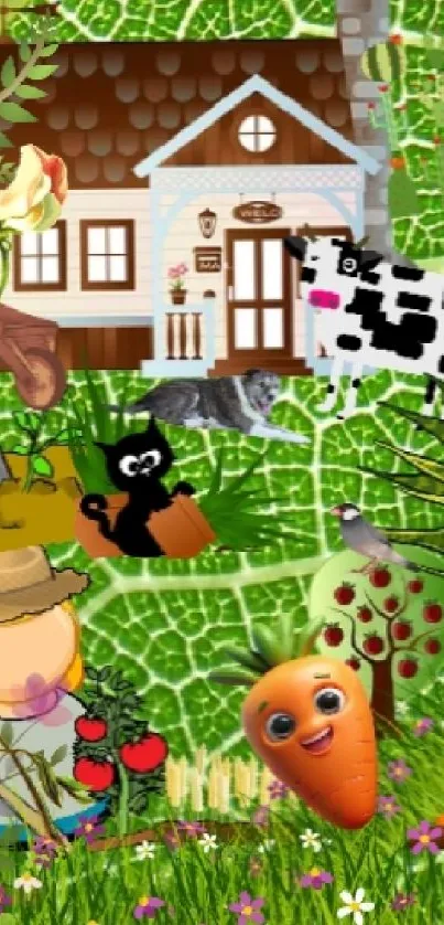 Charming cartoon farm with animals and cottage on a green background.