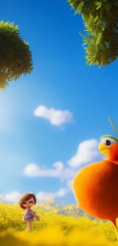 Cartoon wallpaper with girl, orange bird in sunny field under blue sky.