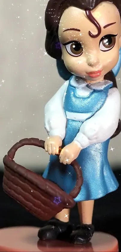 Cute cartoon figurine in blue dress with basket and stars.