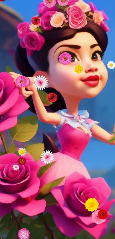 Whimsical cartoon girl with pink roses in a vibrant garden setting.