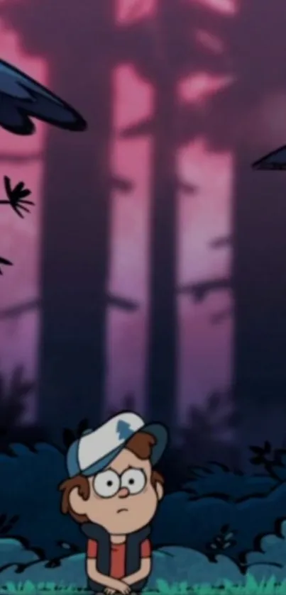 Cartoon child in forest setting with purple hues.