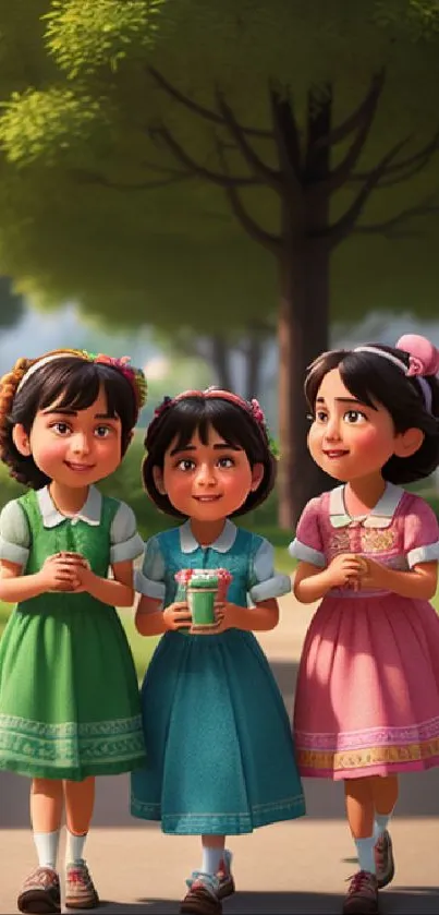 Three cartoon friends walking in a sunlit park, wearing colorful dresses.