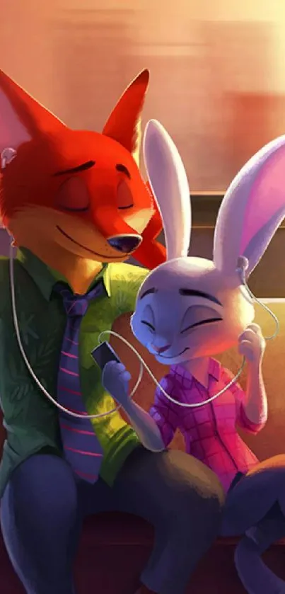 Cheerful cartoon fox and rabbit enjoying music together.
