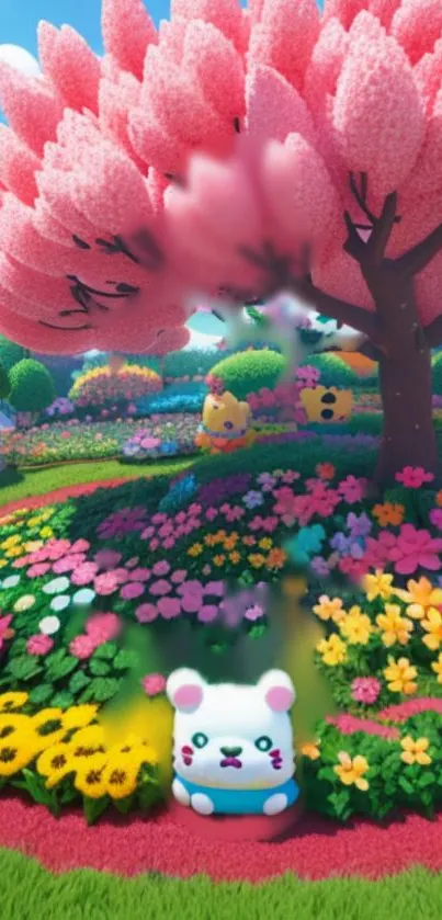 Cartoon garden with pink tree and vibrant flowers.