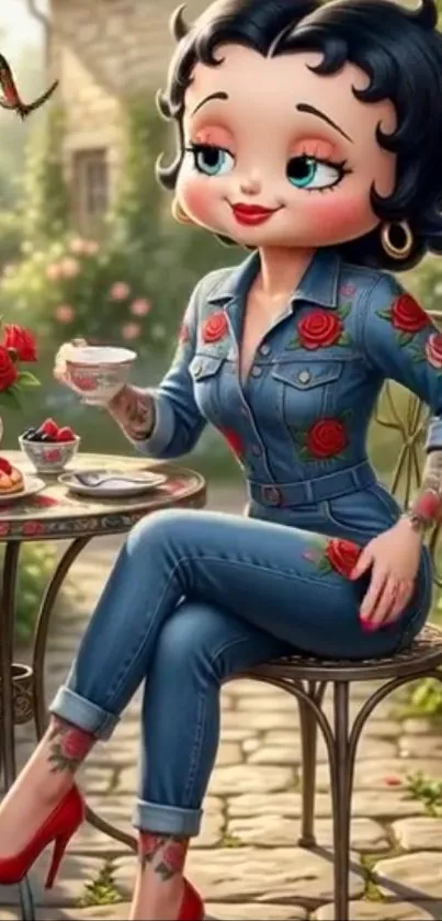 Cartoon character in a garden setting with tea and flowers.