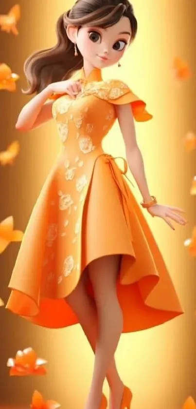 Cartoon girl in orange dress with butterflies on vibrant wallpaper.