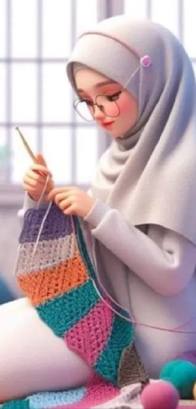 Cartoon girl knitting with colorful yarn in a cozy room.